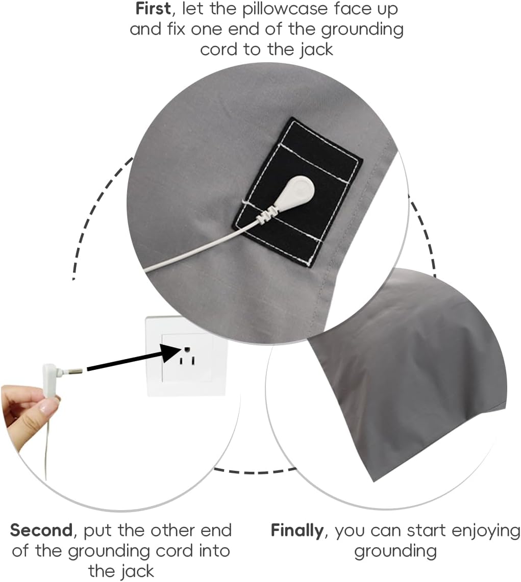 Grounding Pillowcase 2 Pack Contains Silver Fibers Cotton Grounding Pillowcase with Grounding Cord Conductive Grounding Pillow Case for Improve Sleep Relieve Pain (20x30IN, Grey)