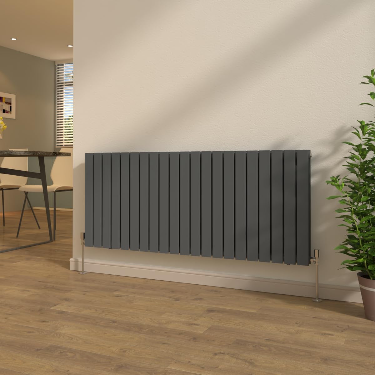 NRG 600x1428mm Flat Panel Double Column Designer Radiator Horizontal Bathroom Heater Central Heating Anthracite + Free Angled Valves