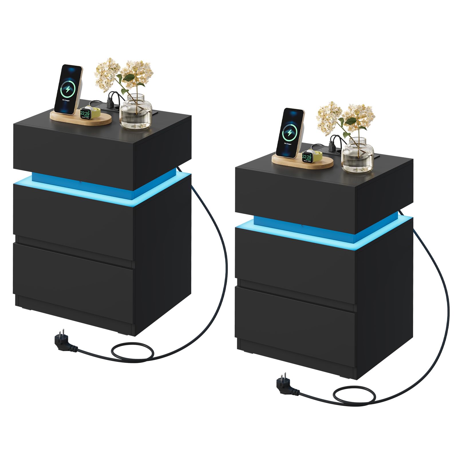WOLTU Smart Nightstand Set with LED Lighting and Charging Station, Black, Model NTS23sz-2, in a bedroom setting.