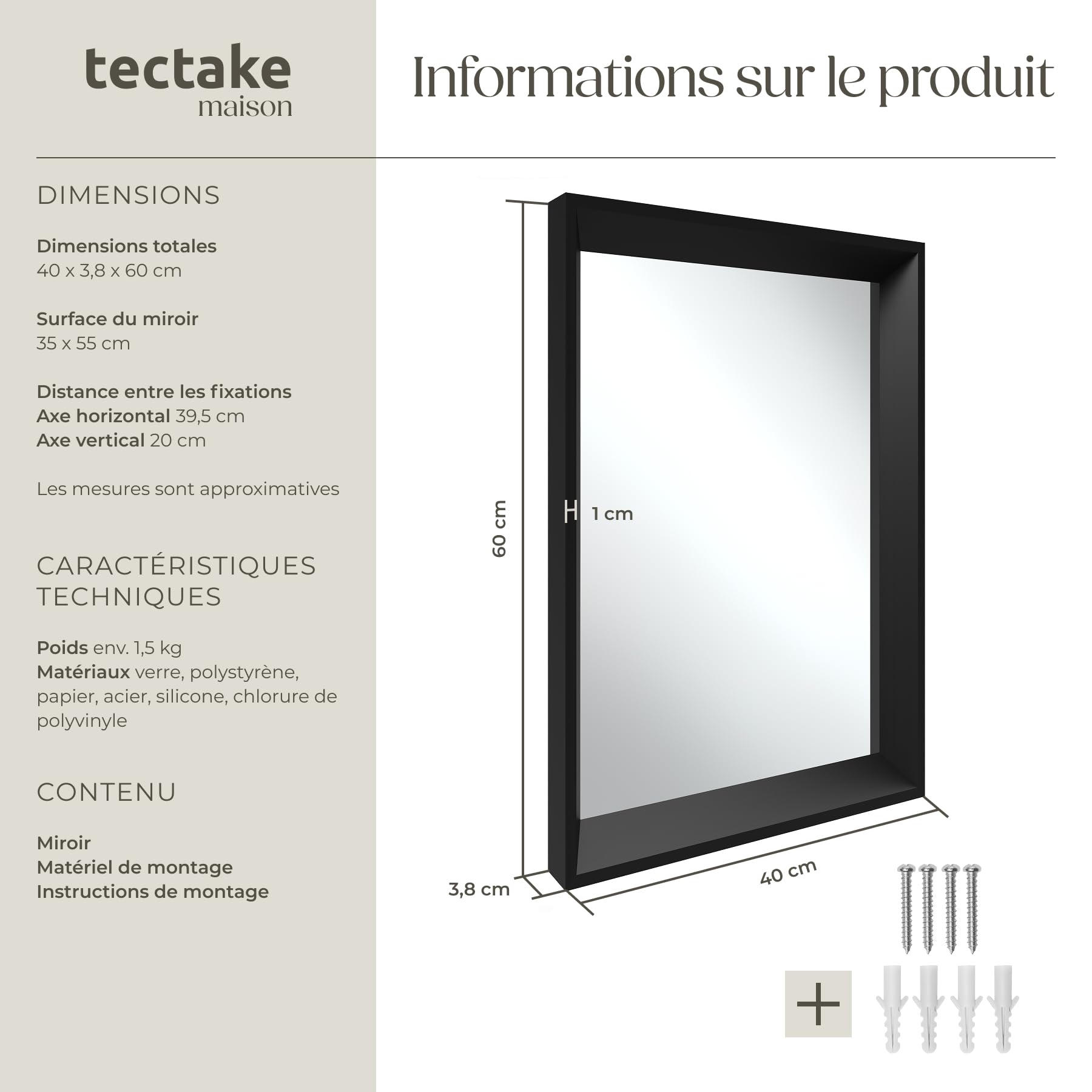 tectake® Miroir Mural rectangulaire avec Cadre Noir en Plastique 40x60cm Miroir Design Moderne Miroir Industriel pour Décoration Chambre Salon Entrée Salle de Bain Dressing Couloir Coiffeuse Maison