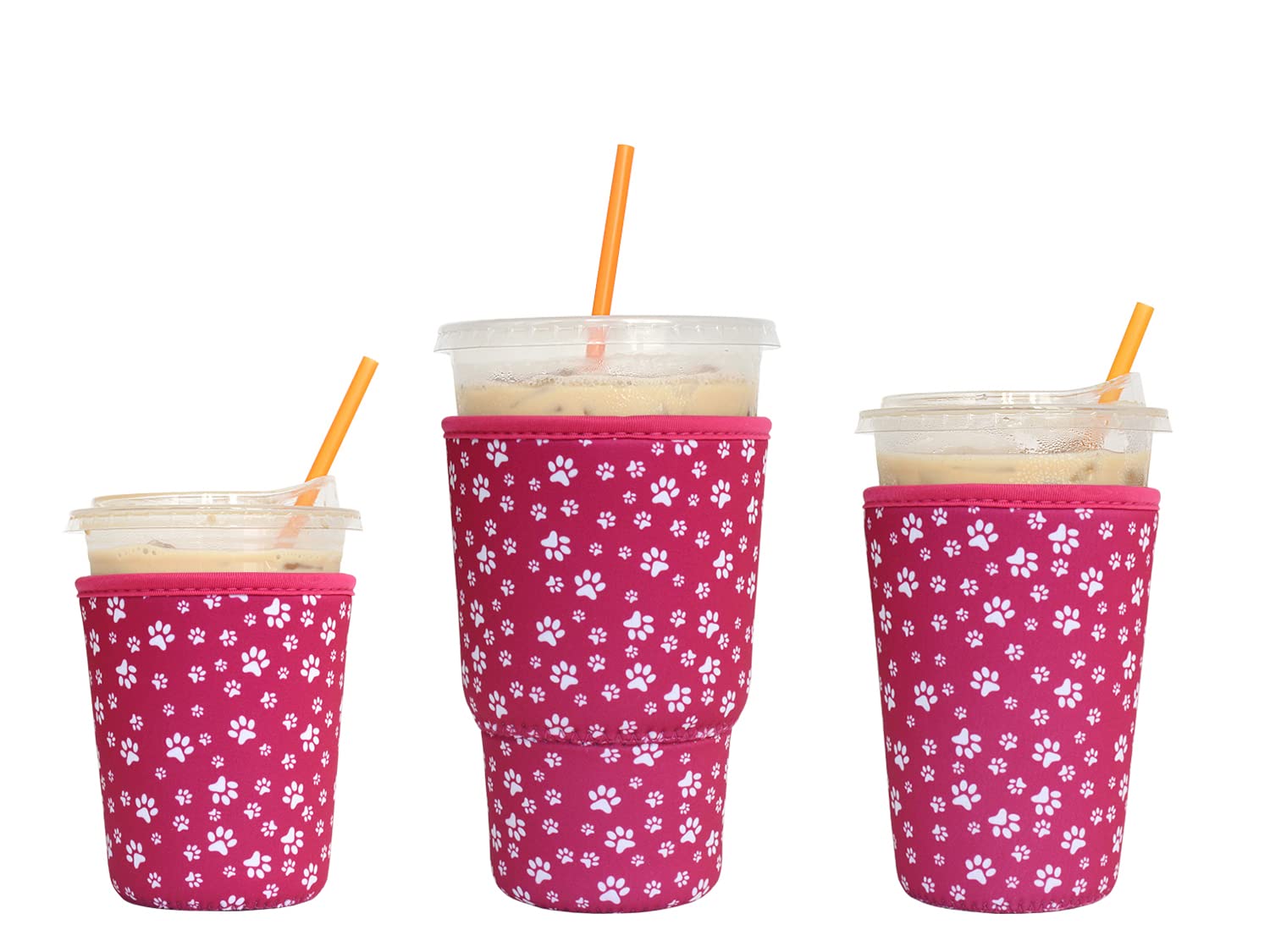 3 Pack Reusable Iced Coffee Sleeves - Xumbtvs Insulator Sleeve for Cold Beverages, Neoprene Cup Holder for Starbucks Coffee, Dunkin Coffee, More (Pink paw)