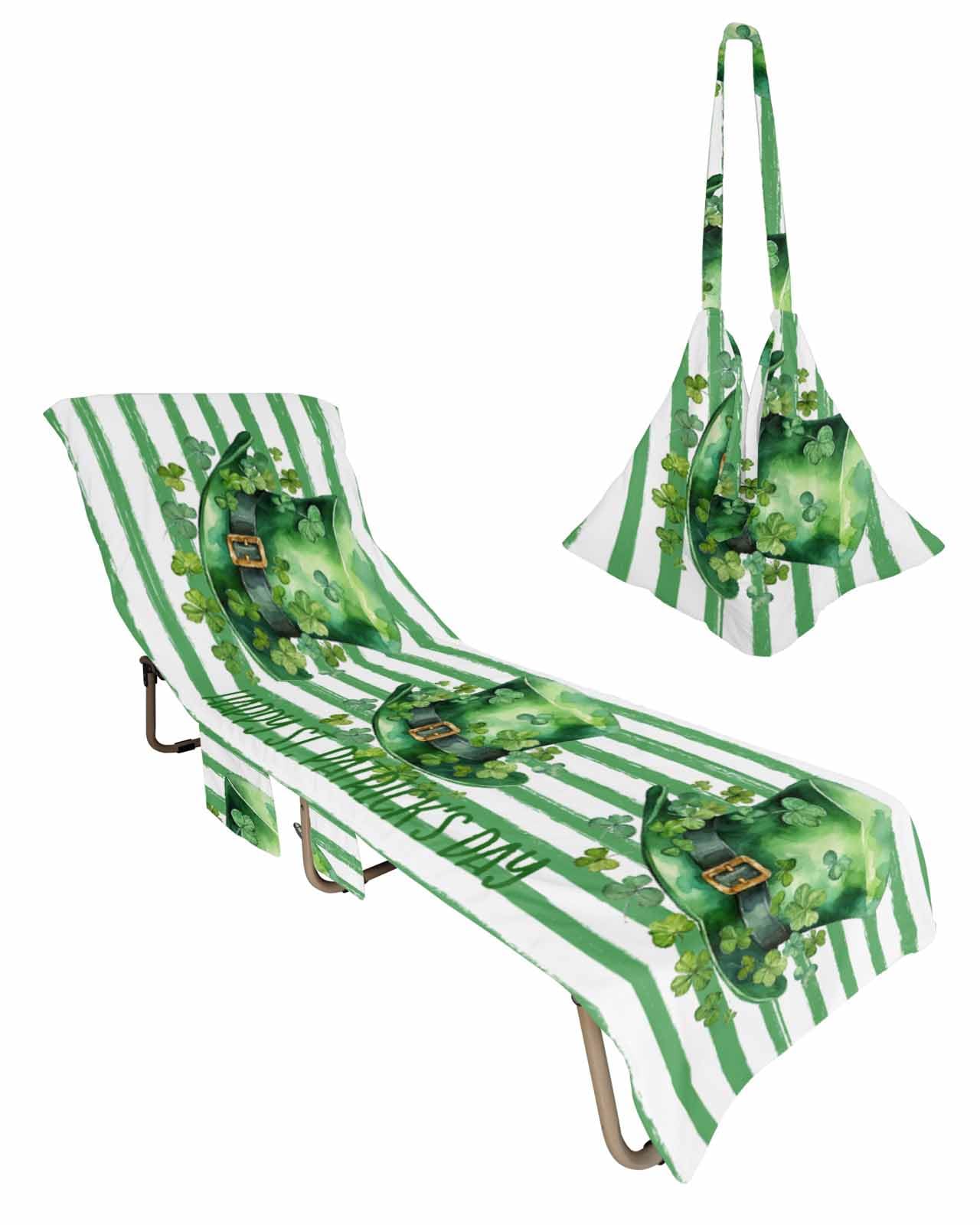 St. Patrick's Day Beach Lounge Chair Towel Cover, Soft Chaise Lounge Towel with Side Pockets Patio Pool Chairs Cover for Beach/Pool Sunbathing 29x85 Spring Green Clovers Green Striepd