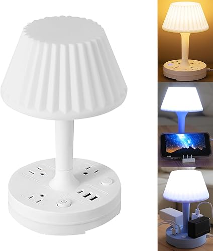 Lámpara de mesa con puerto USB y tomacorriente, lámpara de escritorio pequeña para dormitorio, lámparas LED regulables de 3 colores para el cuidado