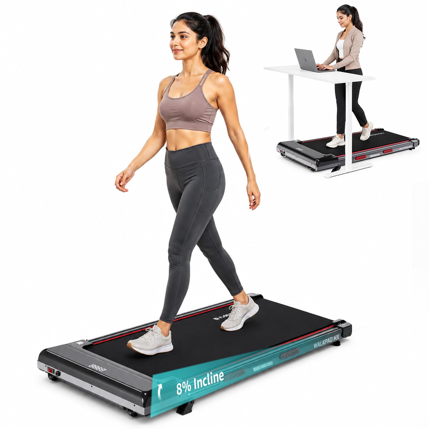 MAXPRO Walking Pad 3.5HP BLDC Motor Treadmill for Home use | 12km/hr Speed | 110kgs Max. User Weight | 8% Incline| LED Display, Shock Absorbtion, Compact underdesk Treadmill for Home Gym
