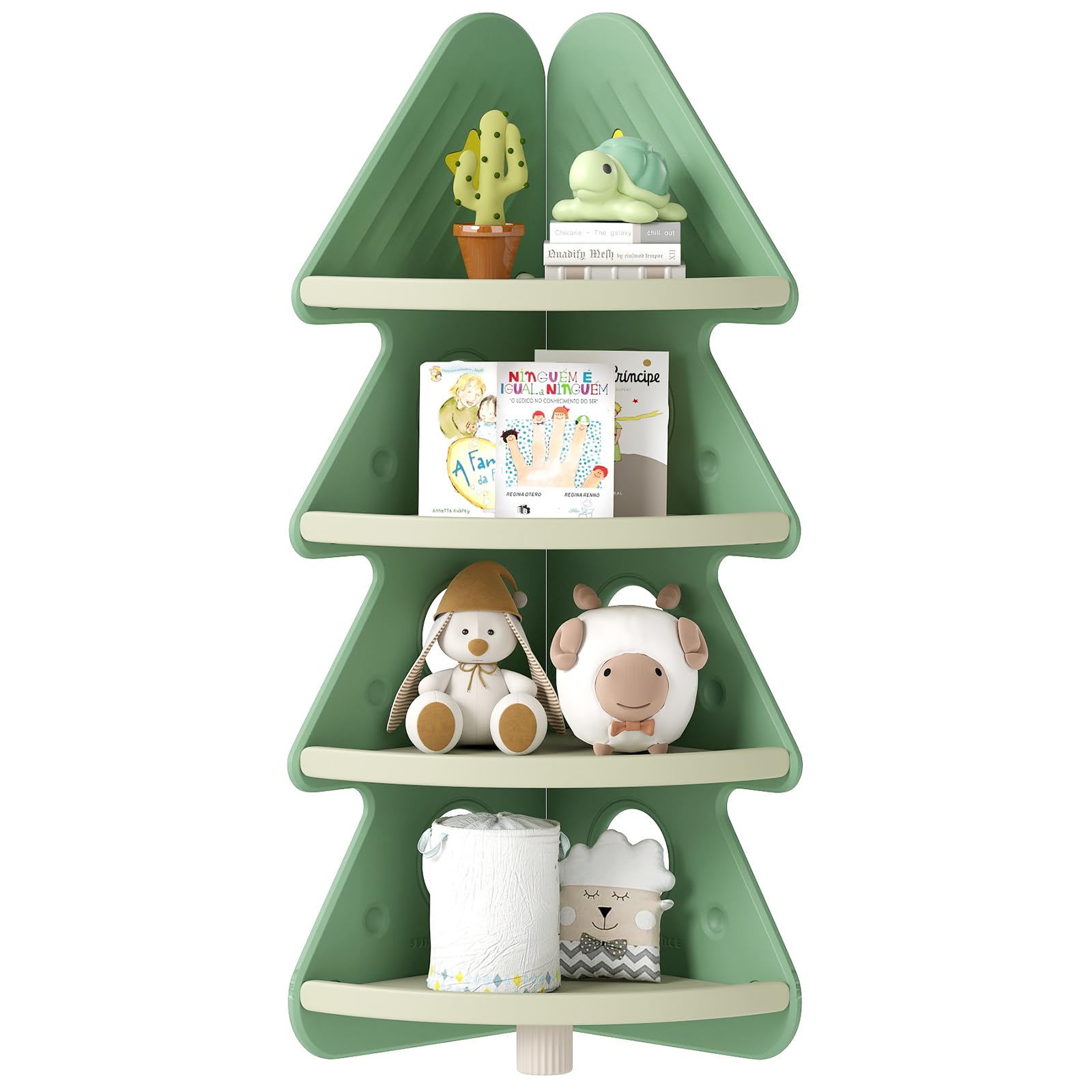 RELAX4LIFE Libreria Montessoriana per Bambini, Scaffale Portagiochi Angolare a 4 Livelli, Forma di Albero, Organizzatore Multiuso per Cameretta, Asilo Nido e Soggiorno, 44 x 44 x 123,5 cm