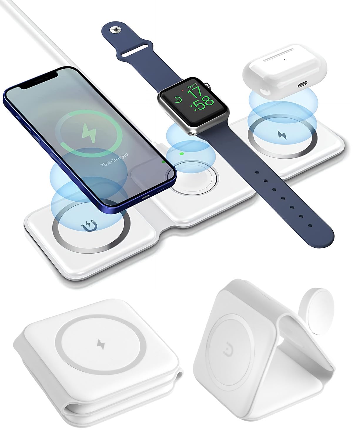 Caricatore Wireless i Phone 3 in 1 MgSafe, Stazione di Ricarica Rapida Pieghevole per Phone 16/15/14/13/12, A pple Watch Series 10/9/8/7/6/SE e Air Pods, Base di Ricarica Sicura, Portatile e Compatta