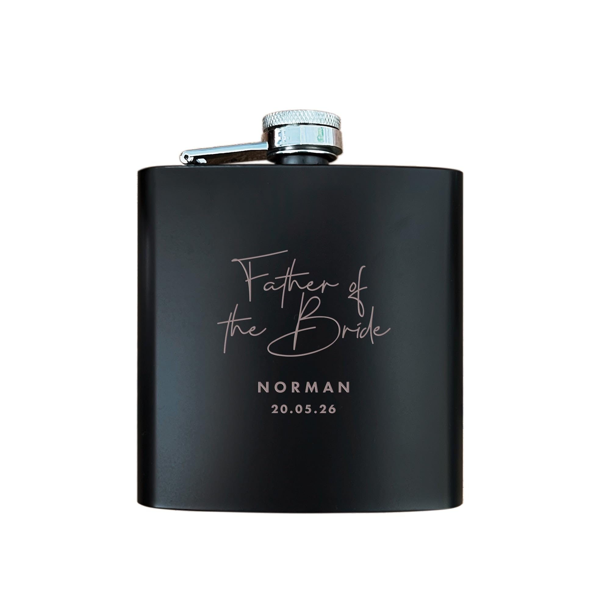 Personalised Script 6oz Matte Black Hip Flask | Custom Script Font Engraved Spirit Flask | Groomsman, Father of the Bride & Groom Gift | Wedding Party Thank You Keepsake | 170ml Pocket Flask