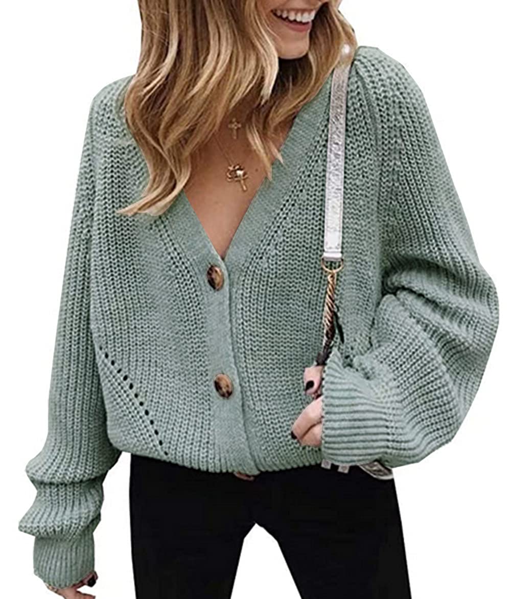 AsskdanWomen's V Neckline Button Down Knitwear Lantern Sleeve Basic Knit Cardigan Sweater Tops
