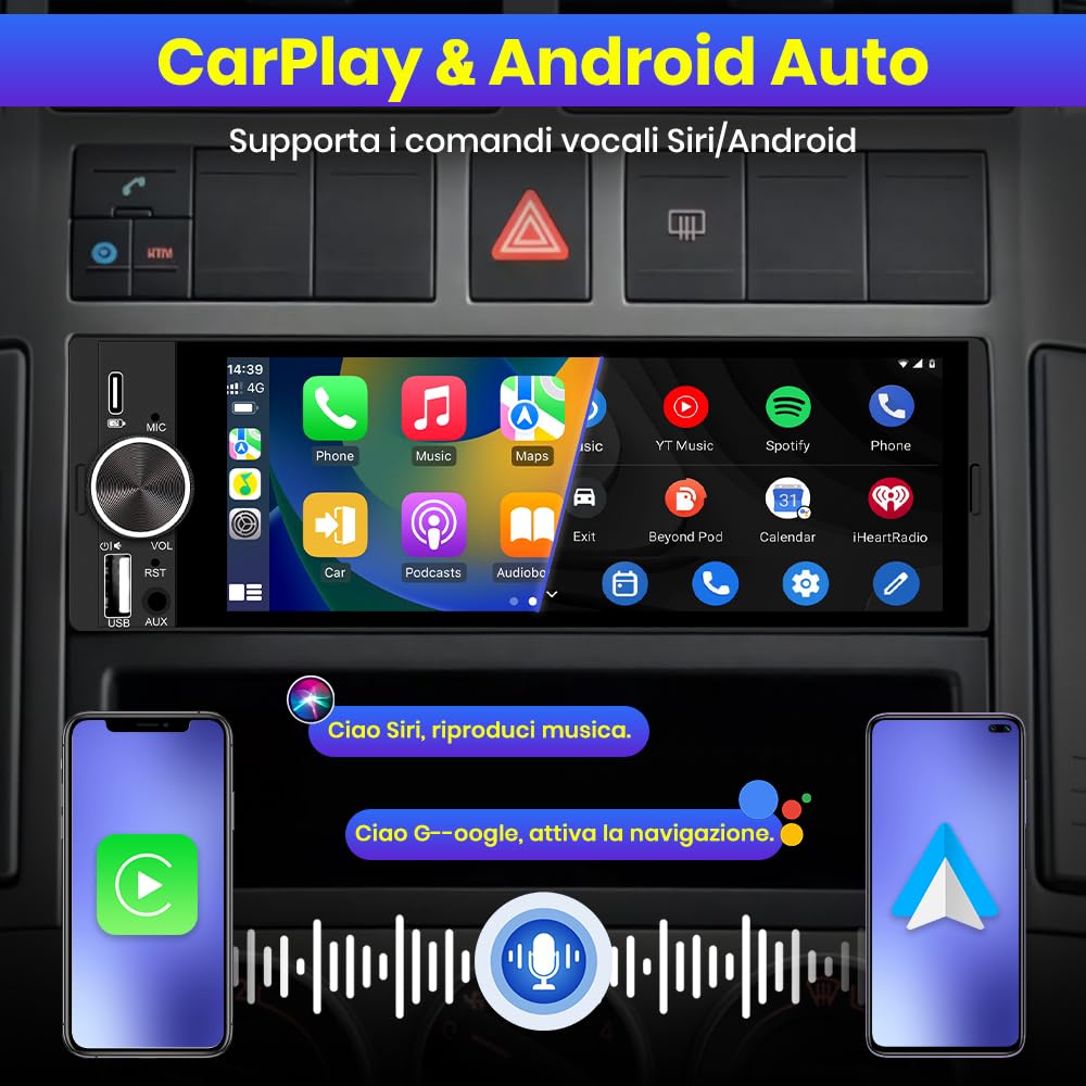 Autoradio Bluetooth 1 DIN con Schermo | CarPlay & Android Auto Wireless FM USB Tipo-C Comandi al Volante