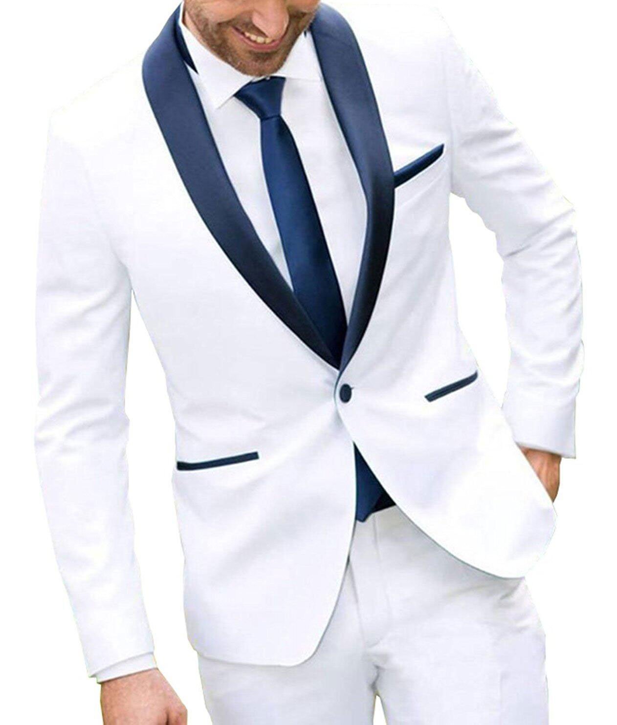 LoveeTooMen's One Button White Two Piece Wedding Groom Suit Navy Shawl Lapel