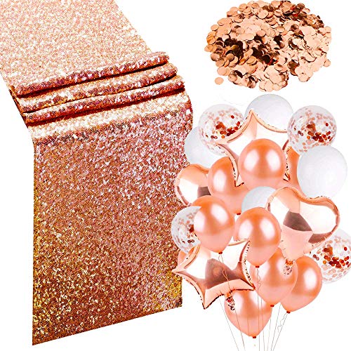 Rose Gold Table Runner (12 x 108 inch), Confetti, Balloons Bachelorette Party, Christmas, New Year, Bridal Shower Decorations, Wedding Decor Sequin Runners Baby Girl Birthday Parties, Tables Supplies