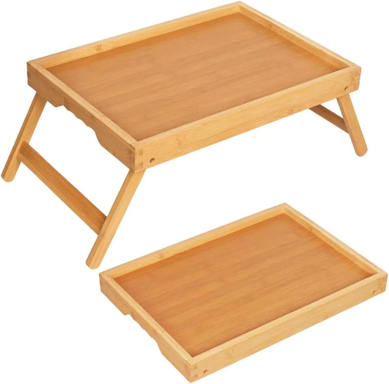 Extra Large Natural Bamboo Serving Trays Set of 2, 14.4 x 3.5 x 21.9 Inch Wooden Breakfast Trays with Handles, Rustic Food Trays for Ottoman, Coffee Table, Kitchen and Bed