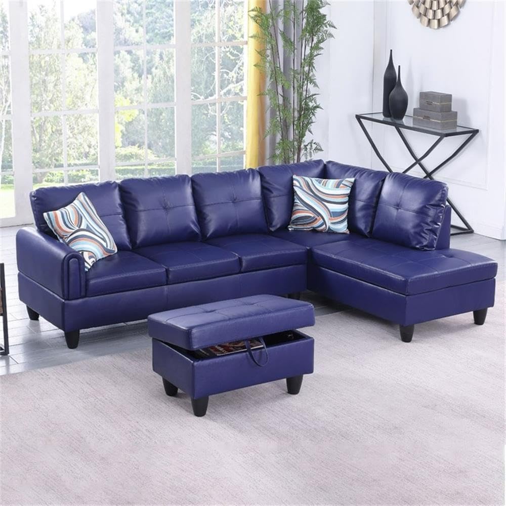 Pemberly Row Faux Leather 3-Piece Right Facing Sectional Sofa Set, Navy Blue Finish, Includes Sofa, Chaise, Storage Ottoman, Toss Pillows, L-Shaped Design for Living Room or Lounge Space