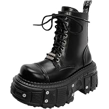 Men's Leather Platform Combat Boots Lace Up Round Toe Chunky Heel Studded Footwear For Party Streetwear Punk Goth Casual Occasions