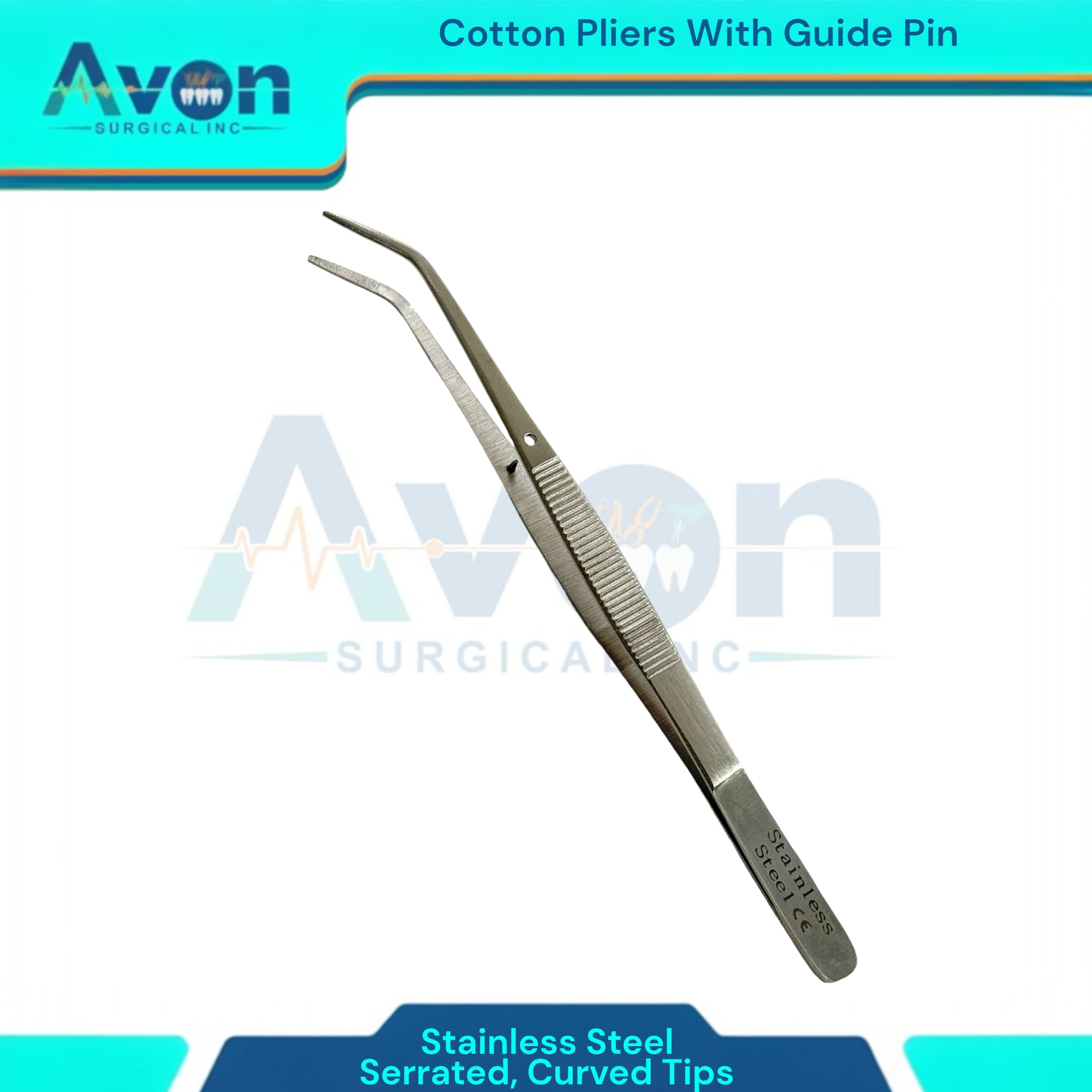 2 Pack | Cotton Dressing Pliers 6in, Serrated, Curved - with Guide Pin - Diagnostic Dental, Lab Instruments