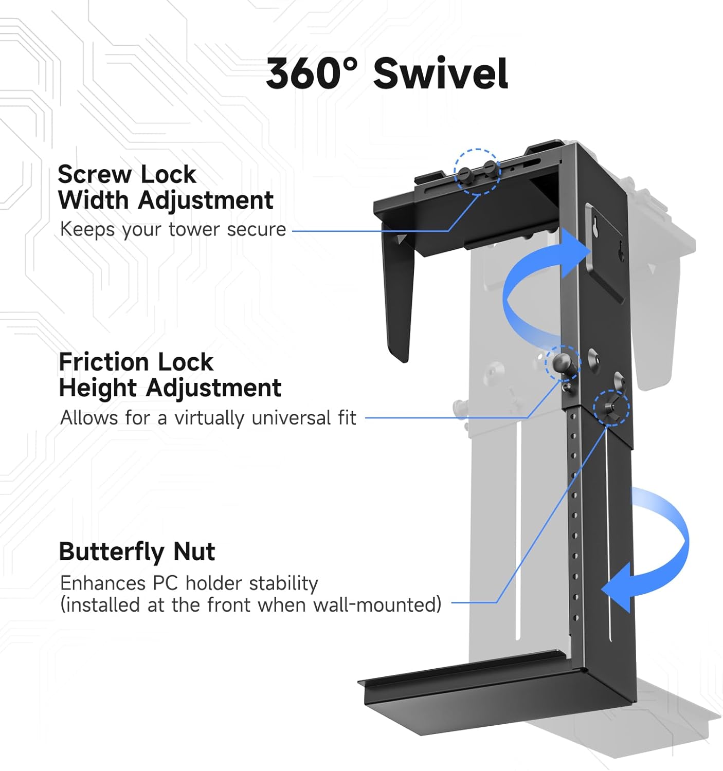 Suptek Adjustable Under Desk and Wall PC Mount,3.94 to 11.61 inch Wide Computer Case CPU Hanger Holder 360 Degree Rotatable Under-Desk PC Hanging Stand Holder Mount (ZJJ001XL)