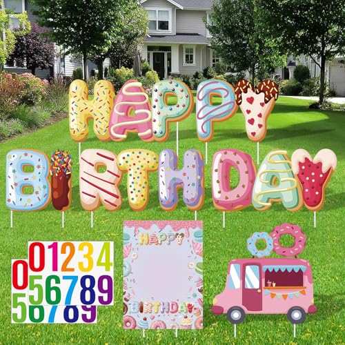 Donut Birthday Yard Signs with Stakes Donut Birthday Party Supplies Personalized Signs with 20 Number Stickers Sweet Donuts Lawn Decorations for Garden Outdoor Birthday Party Decorations