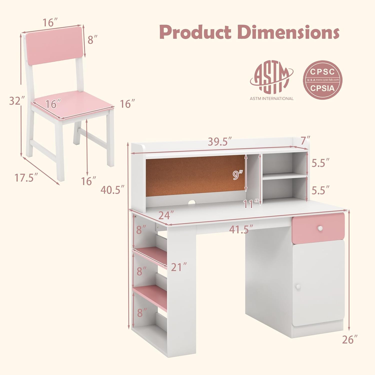 Costzon Kids Desk and Chair Set, Wood Student Desk Set w/Hutch, Drawer, Cork Bulletin Board, Cable Management Hole & Storage Shelf for Writing Reading Drawing, Study Table Computer Workstation (Pink)
