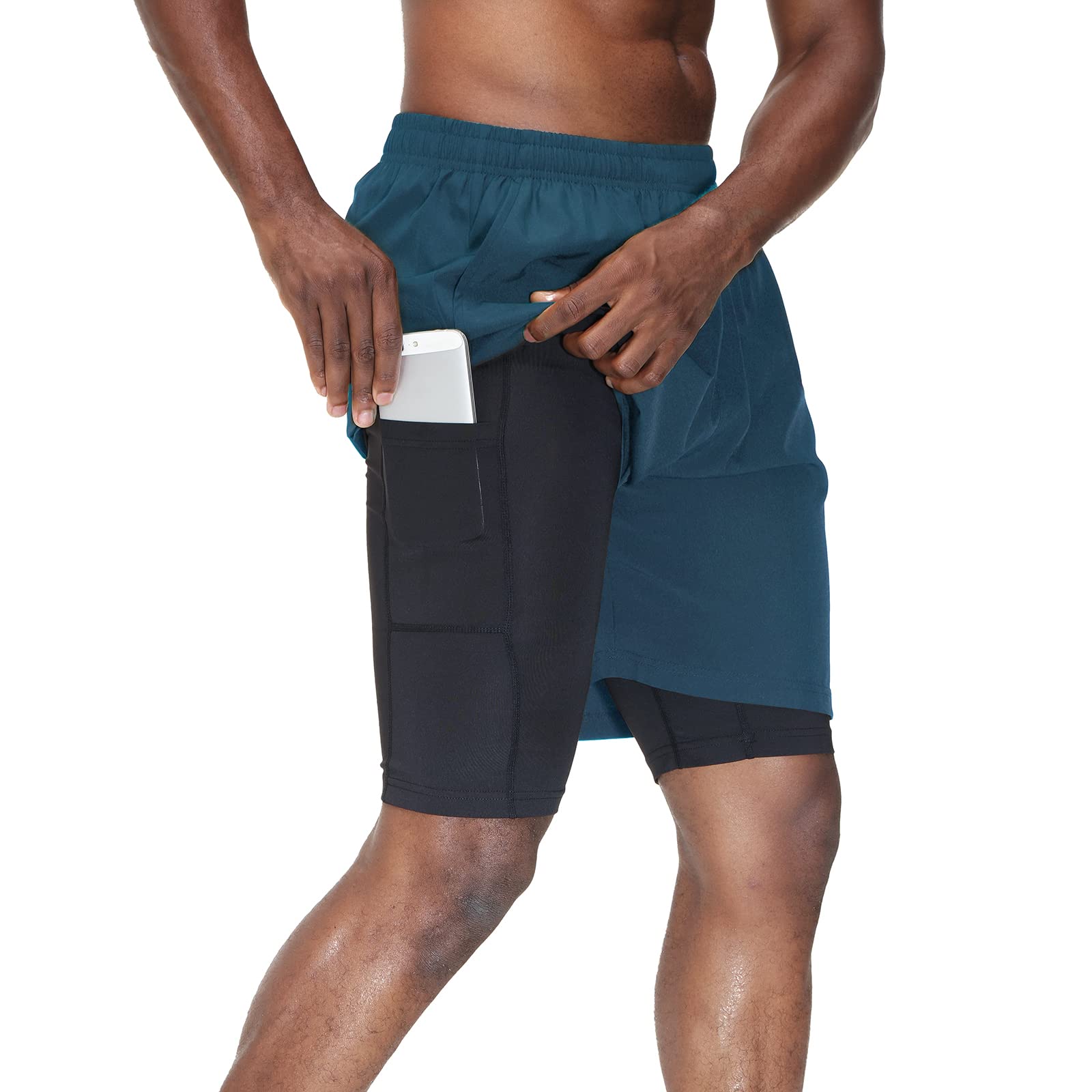 HMIYA Herren 2 in 1 Shorts Fitness Sporthose Kurz Jogginghose Schnelltrocknende Laufhose mit Kompressionsshorts und Taschen Reißverschlussfach