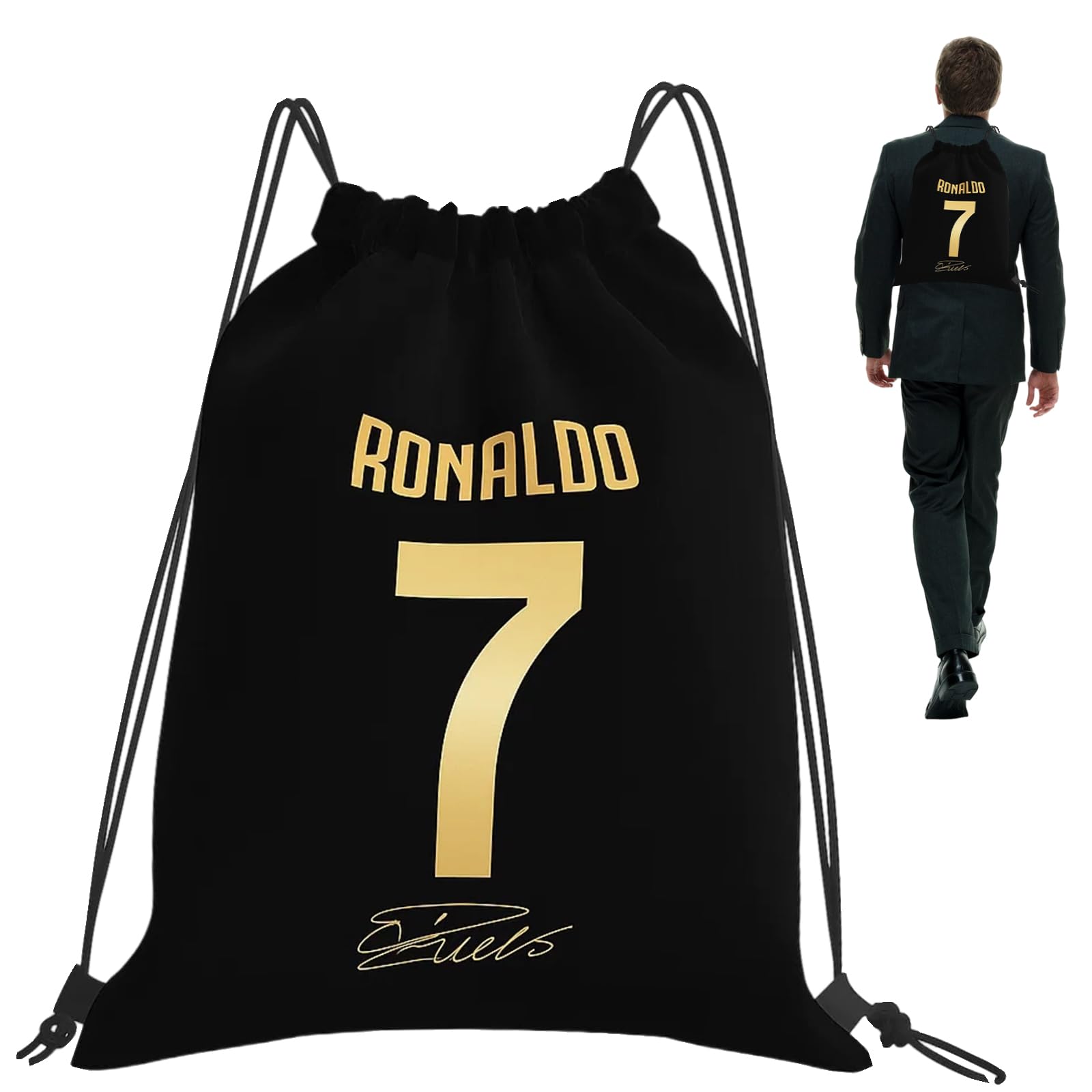 PSFXBM Golden Ronaldo School Bag, CR7 Backpack Drawstring Bag for Boys, Sport Gym Beach Travel Accessories, Lightweight Durable Football Gifts for Teen Boys and Men