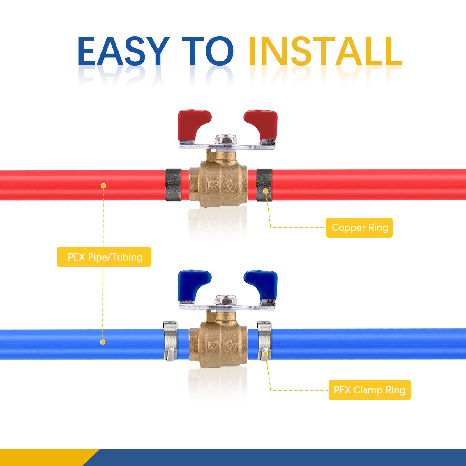PEX - Válvula de bola de crimpado con mariposa, válvula de cierre de puerto completo PEX de 3/4 pulgadas para agua caliente (rojo) fría (azul) (1 pieza azul y 1 pieza roja)
