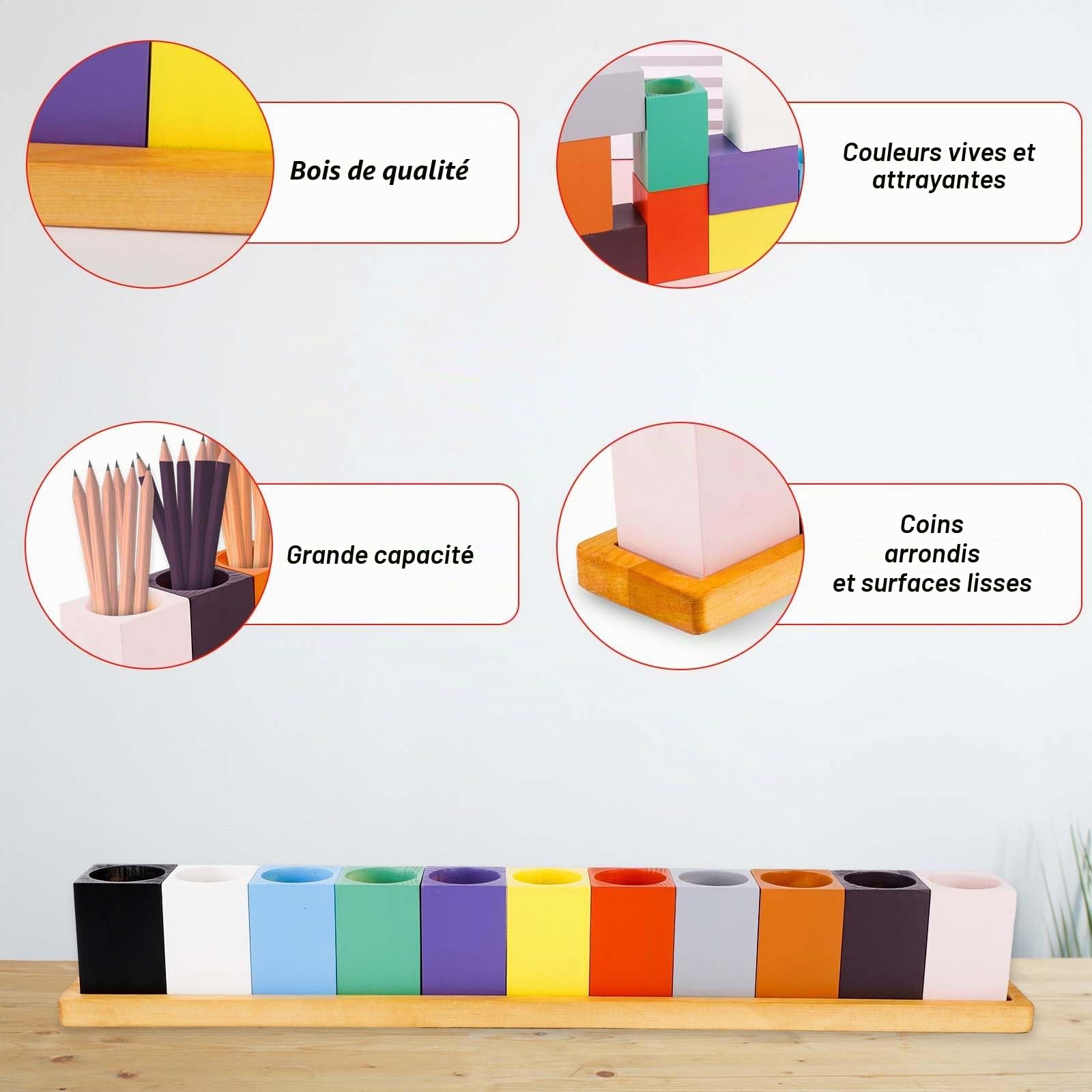 NQEUEPN Porte Crayon de Couleur en Bois, Porte Crayon Montessori Porte-stylo en Bois Montessori pour Salle de Classe 11 Tasses sur un Support, Crayons Non Inclus