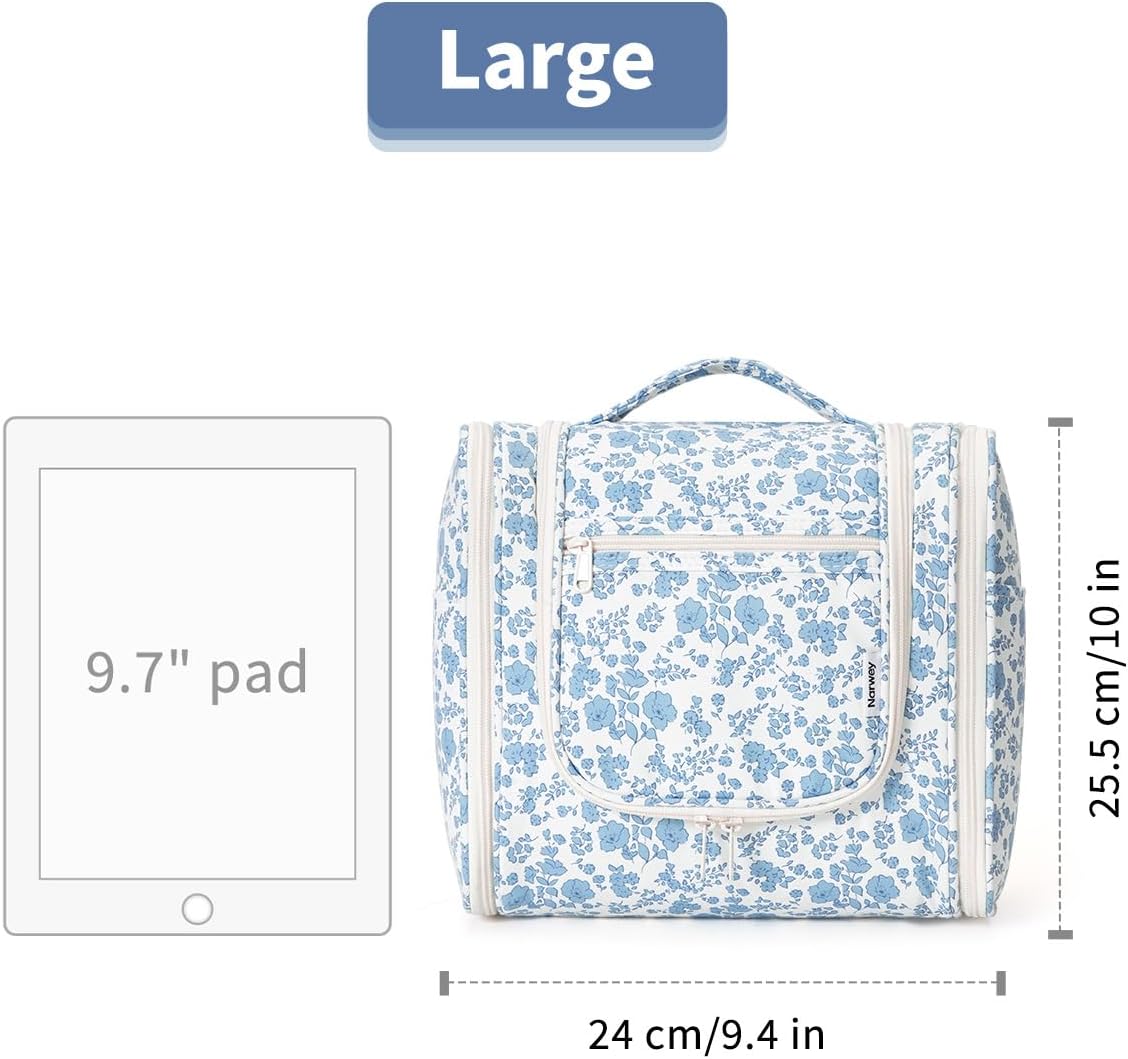 Narwey Large Hanging Toiletry Bag for Women Travel Makeup Bag Make up Organizer Toiletries Bag for Cosmetics Essentials Accessories (Large, Little Blue Flower) - Image 7