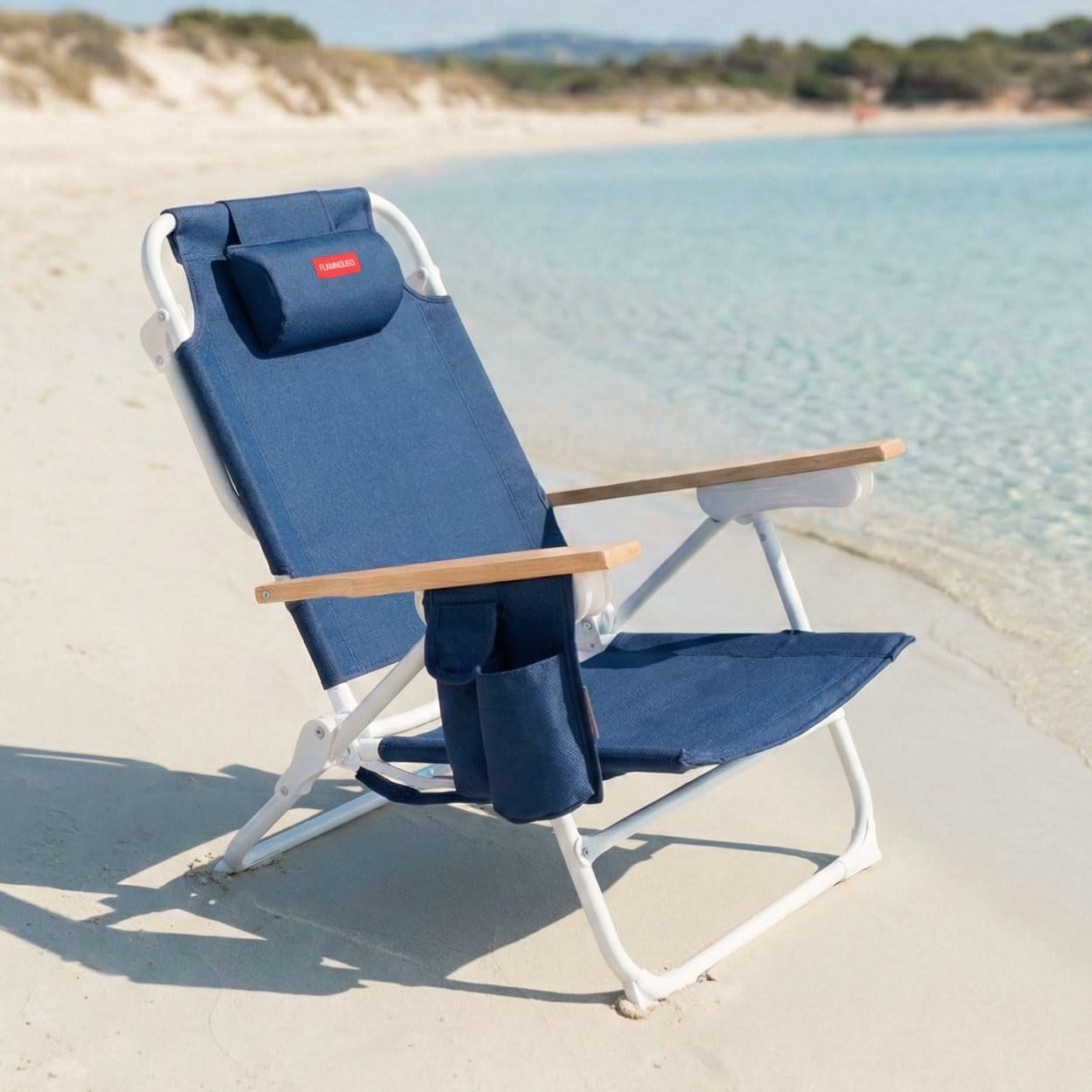 Flamingueo Sedia da Spiaggia Pieghevole - Reclinabile 5 Posizioni - Tasca Termica - Tasca per Cellulare - Maniglie Tipo Zaino - Cuscino Ergonomico - Alluminio e Textilene - Blu Navy