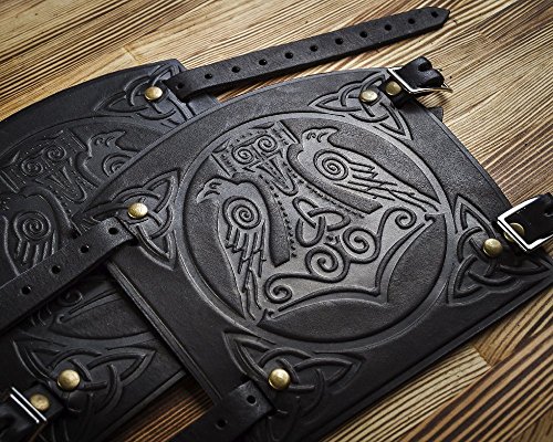 Leather Bracers Cuff - Larp Gauntlet - Leather Wristbands - LARP Accessories Viking Mjolnir bracelet- Thor`s Hammer Ravens - Archery Armguard - Length 6"