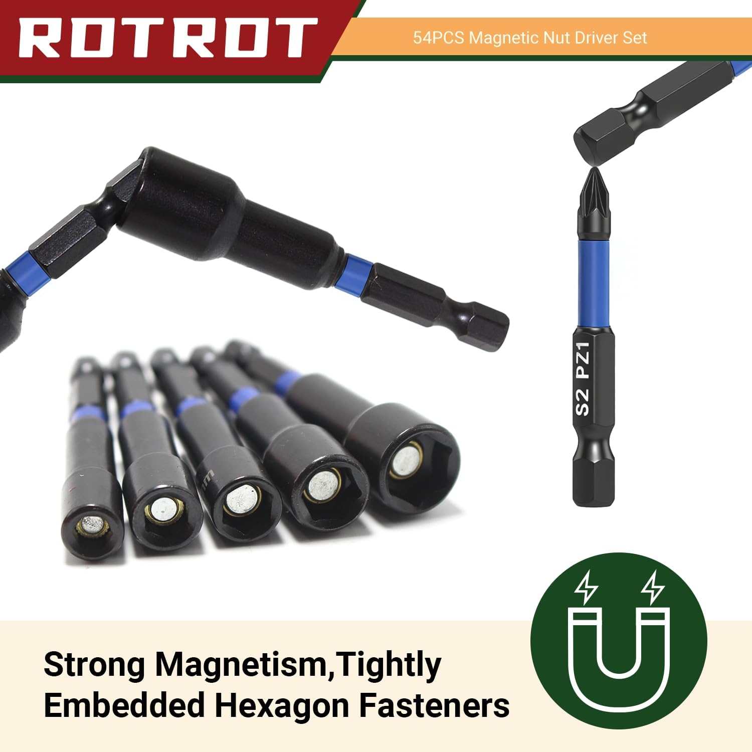 54-Piece Magnetic Nut Driver Set, Impact Drill Driver Bit 1/4", Metric & SAE Nut Drivers for Impact Drill, Socket Adapters, Screwdriver Bit, Quick-Release Extension, Wing Nut Driver, Storage Box