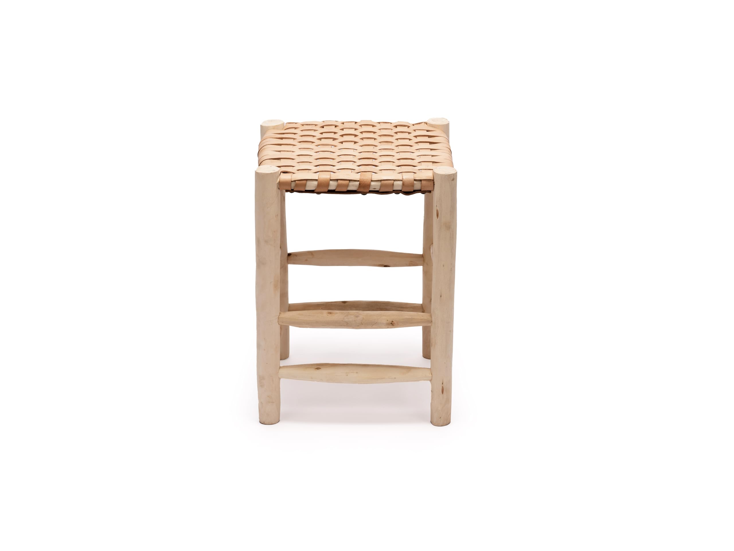 Taburete Marroquí con Asiento de Cuero Trenzado, Madera Natural, 35x35x40 cm. Taburete de Madera, Artesanal.