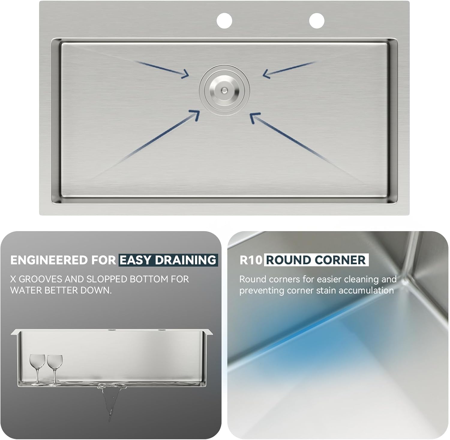 Lordear 33x19 Inch Drop In Kitchen Sink Stainless Steel Topmount Sinks T304 16 Gauge Single Bowl Above Counter 10 Inch Basin