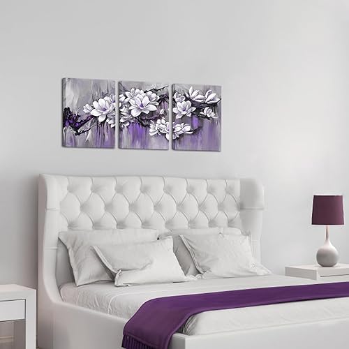 Miniatura 5 de FuShvre Pinturas de flores moradas en lienzo para pared, imágenes de magnolia, decoración de pared floral púrpura y gris para decoración de pared