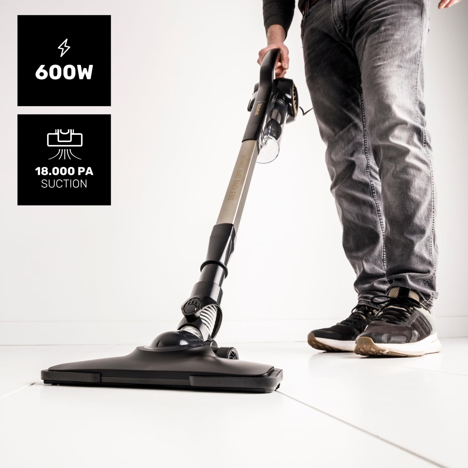 Taurus – Aspirador Vertical Homeland Endless, 600W, 18000 Pa, Escoba 3 en 1 con Lanza y Cepillo para Tapicerías, Filtro HEPA, Cable 6 m, Sistema Ciclónico, Negro