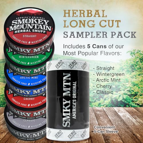 smokey mountain herbal long cut  5 can sampler box - straight classic wintergreen arctic mint amp cherry - tobacco free and nicotine free snuff