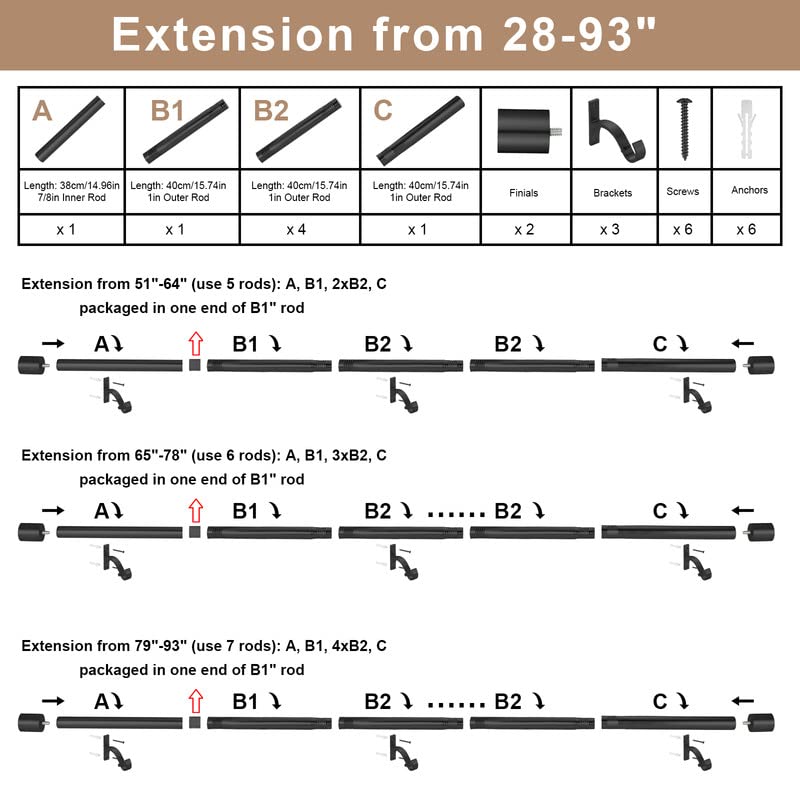 Splicing Curtain Rod for Window 28-93", Decorative Curtain Rods with Cap Finials, Adjustable 1-Inch Window Curtain Rods, Splicing Curtain Rod Matte Black