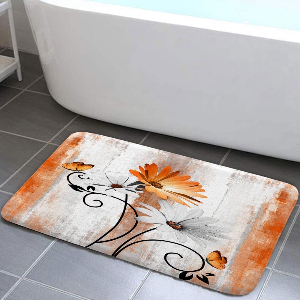 Rustic Farmhouse Bath Rug, Farm Orange Daisy Floral Flowers and Butterfly on Country Wooden Autumn Bath Mat Yellow Grey Kitchen Rug Floor Mat Soft Non
