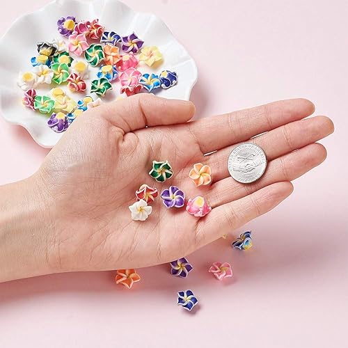 Miniatura 4 de Craftdady 200 cuentas sueltas de arcilla polimérica Plumeria Flower Spacer de 0.472 x 0.315 in, colores mezclados al azar, 5 pétalos, cuentas