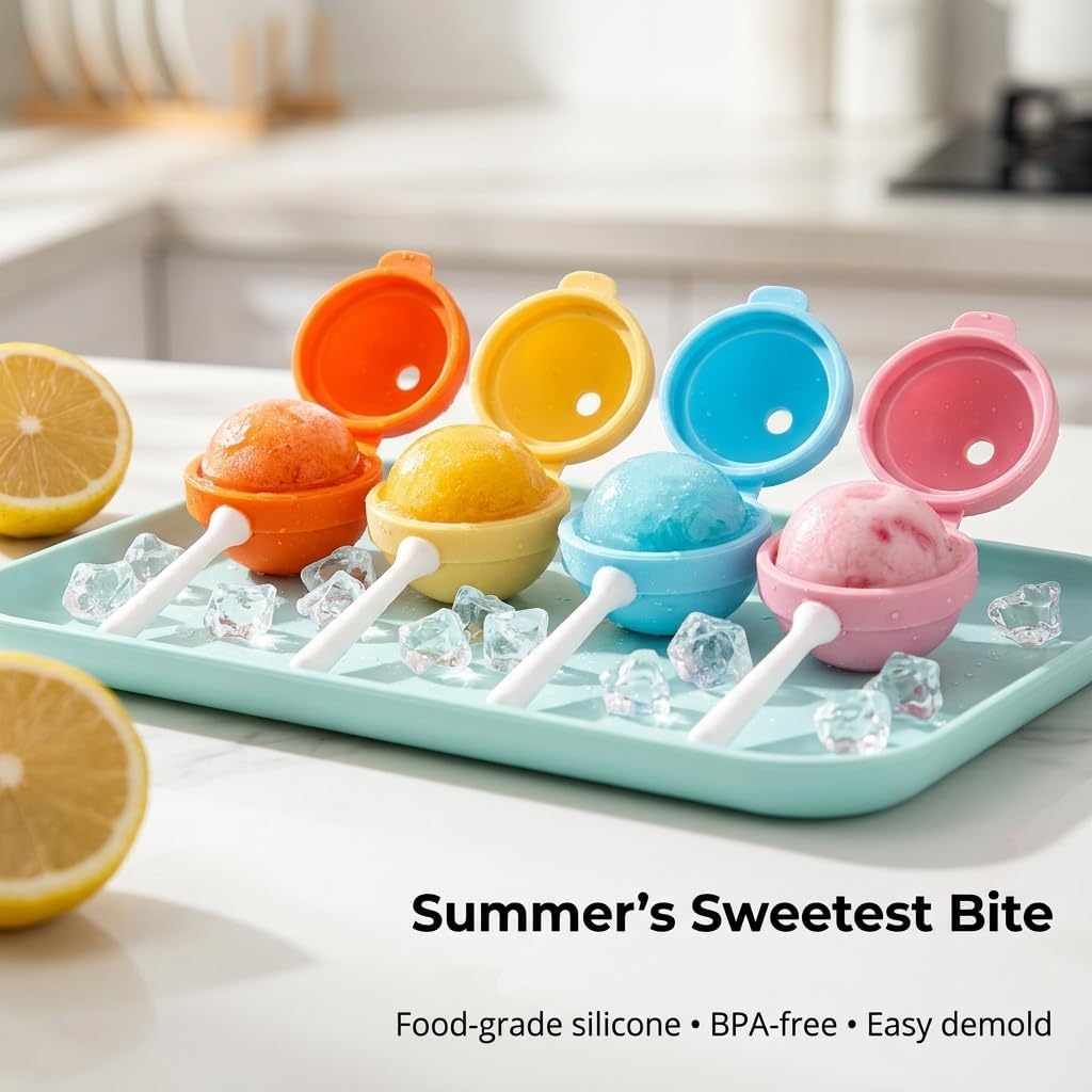 Lollipop Ice Cream Molds Silicone Mini Popsicle Maker with Sticks, Reusable DIY Frozen Treat Mold for Healthy Homemade Snacks for Kids and Family