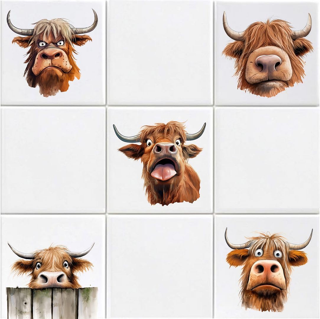 Hodge Creations Brown Highland Cow Pack Of 15 Vinyl Tile Stickers Bathroom Kitchen