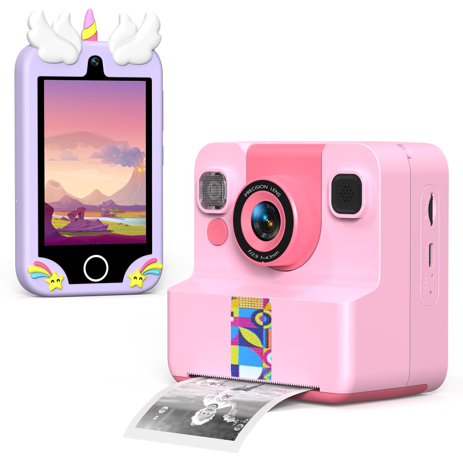 Pink Kids Instant Print Camera + Purple Kids Smart Phone Bundle, 1080P Camera with 32GB &amp; 2 Rolls Paper + 3.5" Touchscreen Phone with Cameras, Learning Games, Music, Gifts for Boys &amp; Girls Ages 3–12