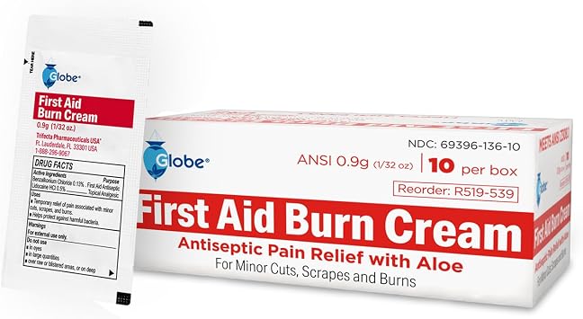 Globe First Aid Burn Cream 0.9g Packets, 10 Packets Advanced First Aid Cream for Temporary Relief of Minor Burns, Cuts, and Scrapes 10 Packets