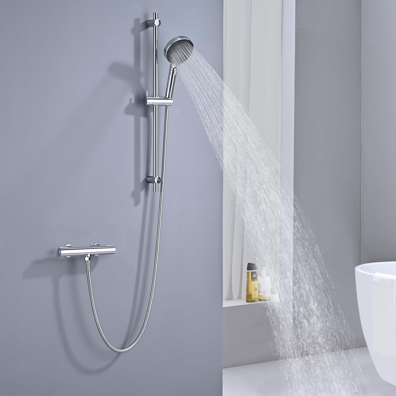 Mitigeur Thermostatique DETBOM pour Douche avec Sécurité Anti-brûlure 38 °C, Barre inox 70 cm, Pomme 3 Jets, Flexible 1,5 m et Support Réglable – Ensemble Complet Chrome