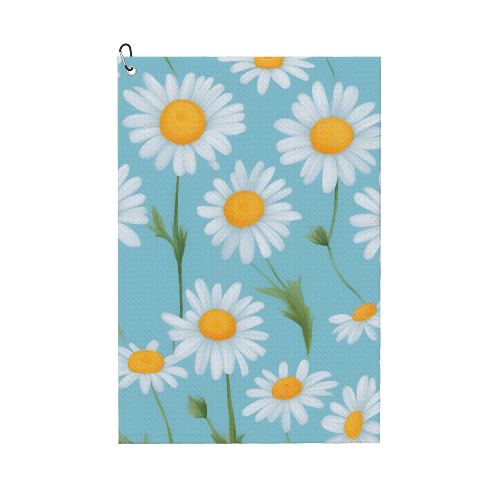 Anceky White Daisy in Light Blue Background Print Golf Towel 24"X16" Microfiber Golf Cleaning Towel with Carabiner Clip for Golf Bags