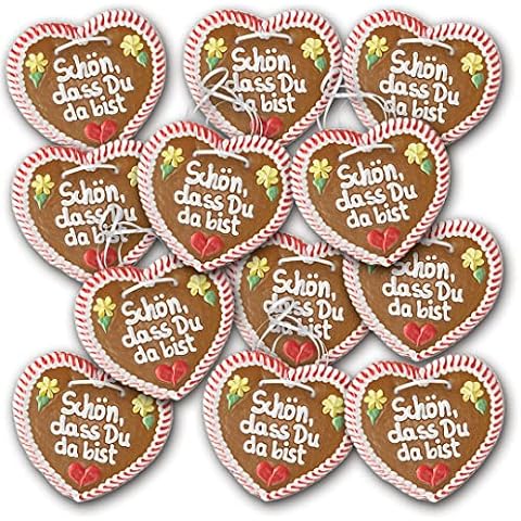 20 Stück Lebkuchenherzen " Schön, dass Du da bist " beschriftet 16cm groß / 95g schwer. Oktoberfestlebkuchenherzen. Lebkuchen Herzen günstig kaufen | Konditorei Zuckersucht Cover