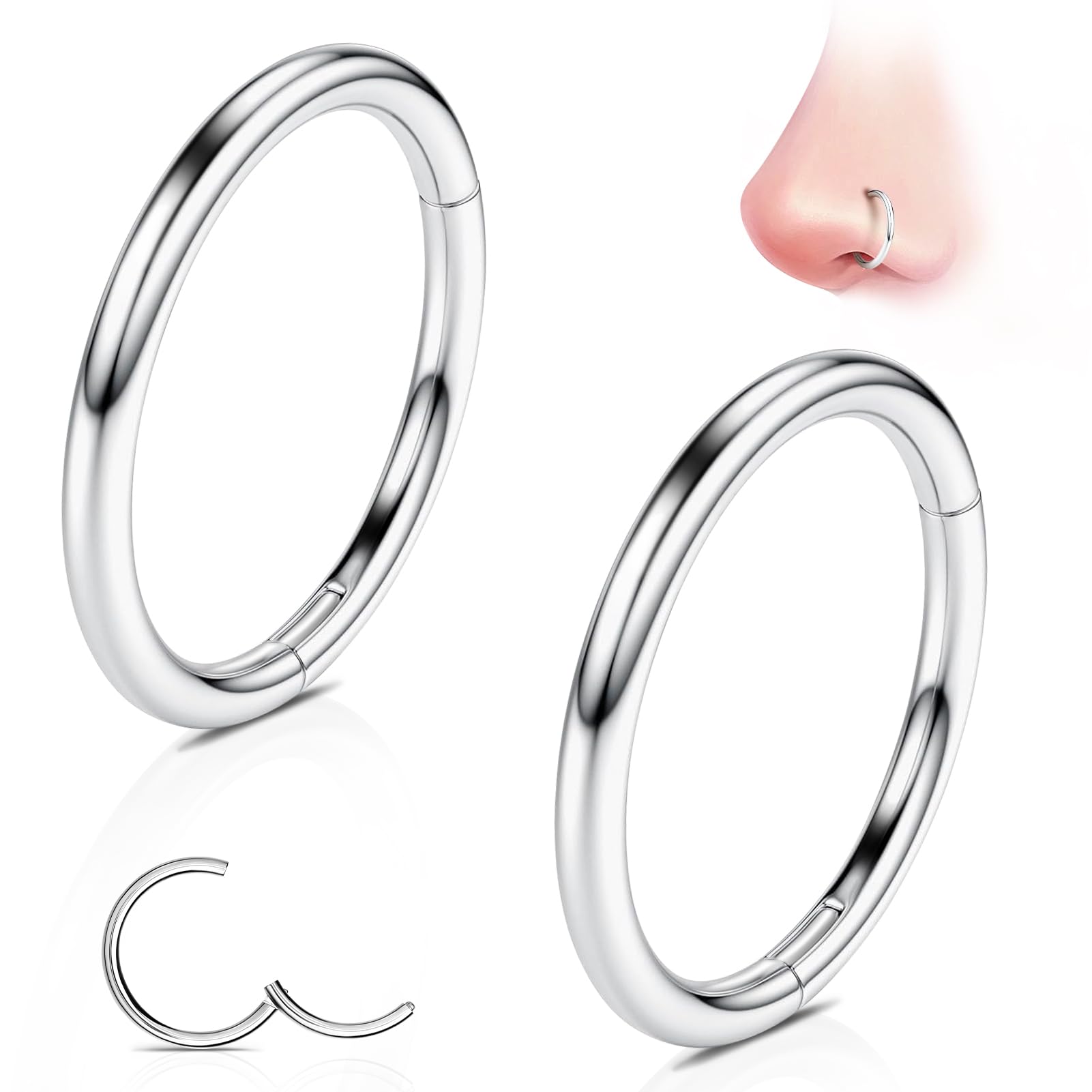 WBRWP G23 Titanium Nose Rings Hoops: 2Pcs Seamless Nose Septum Rings Hypoallergenic Cartilage Earrings Helix Daith Conch Tragus Rook Piercing Jewelry
