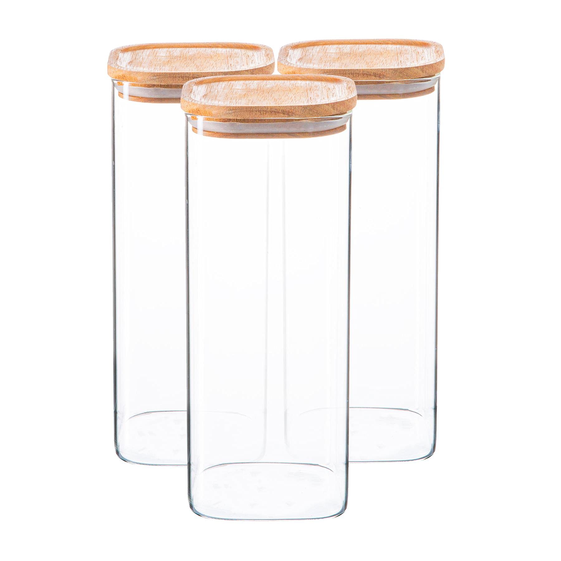 Argon Tableware Square Glass Storage Jars with Airtight Wooden Lids - 1900ml - 3 Pack - Modern Kitchen Container Preserving Jars for Pickling, Chutney, Jam, Coffee, Olives, Sugar, Spices