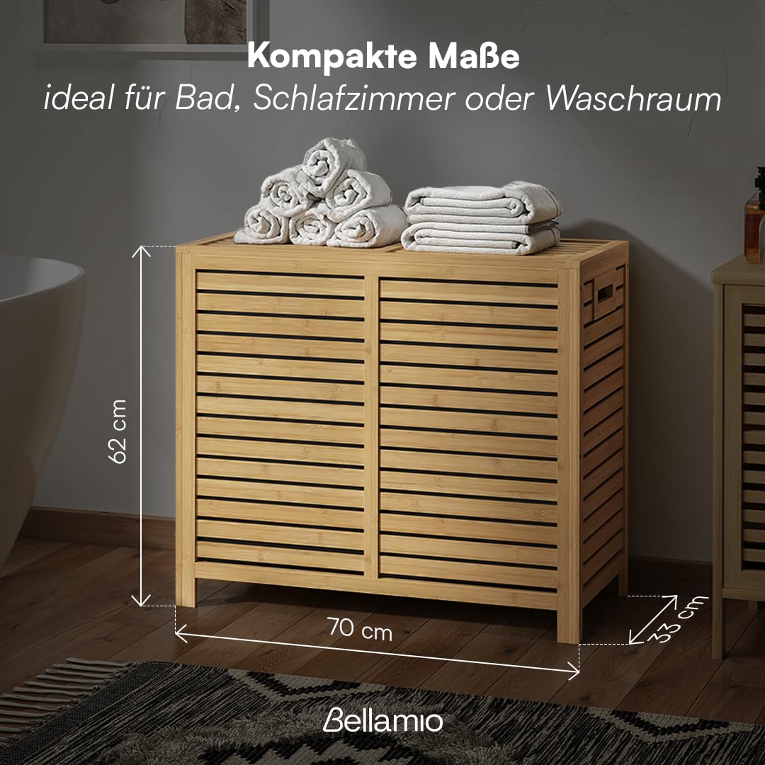 Bellamio Newa Wäschekorb aus Bambus – Wäschesammler mit 2 Fächern je 60 L – Wäschetonne mit Deckel – Wäschesack herausnehmbar & waschbar aus Oxford Gewebe – Wäschetruhe – Wäschebox 62x33x70 cm (HxTxB)