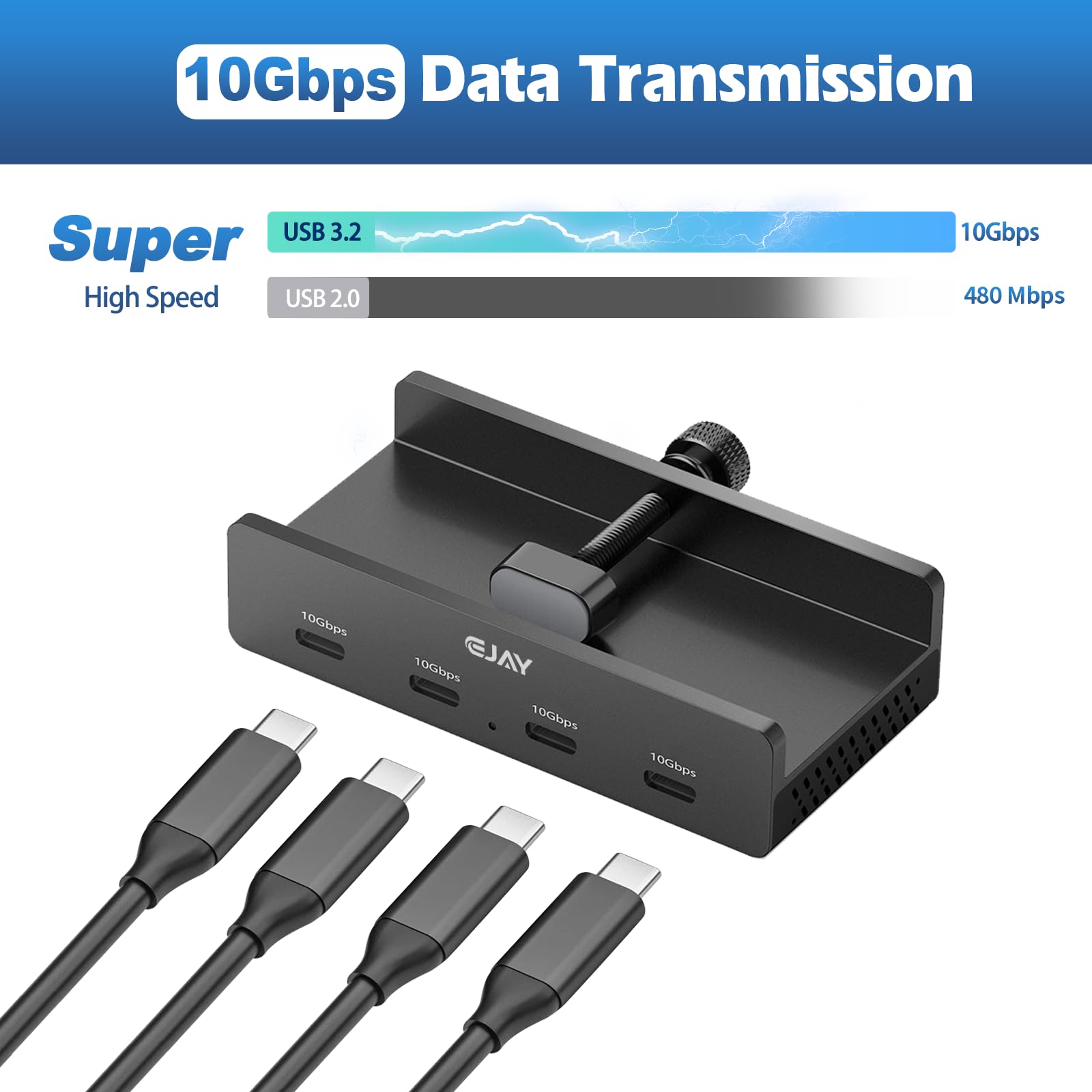 EJAY Hub USB C da 10 Gbps, 4 porte in alluminio USB 3.2, design a morsetto per scrivania/computer con porta di alimentazione extra e cavo dati lungo 119,4 cm e cavo di alimentazione da 99 cm