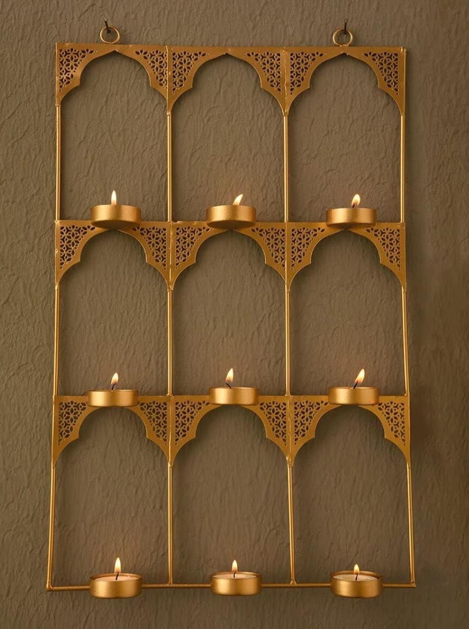 D. GLORE- Wall Hanging Golden Metal Tealight Holder for Diwali | Decor | Event | Pooja | Christmas | Home Decoration | 9 T-Light Holders | Size: 18x12 Inchs